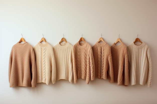 Minimalist pastel knitted sweaters on hangers against white wall for contemporary living