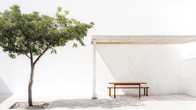 Photo minimalist patio design with a single tree and wooden bench