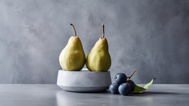 Photo minimalist pear arrangement gray bowl with indigo and green elements