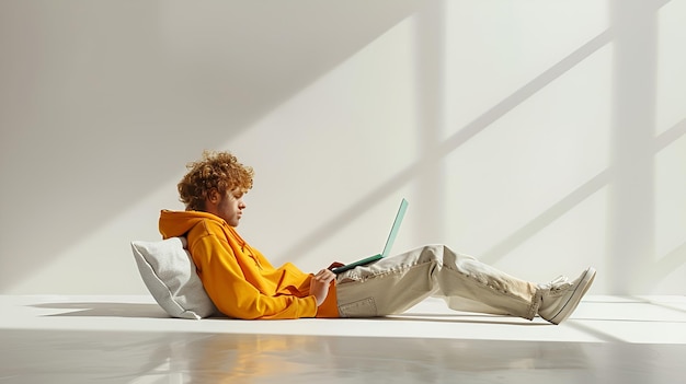 Photo minimalist person on floor with vibrant laptop clean white background amp uncluttered aesthetic