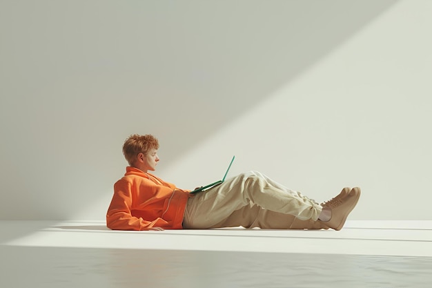 Photo minimalist person on floor with vibrant laptop clean white background amp uncluttered aesthetic