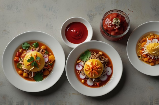 Minimalist Peruvian Food on White Plates Stylized Traditional Flavors Ai Generated