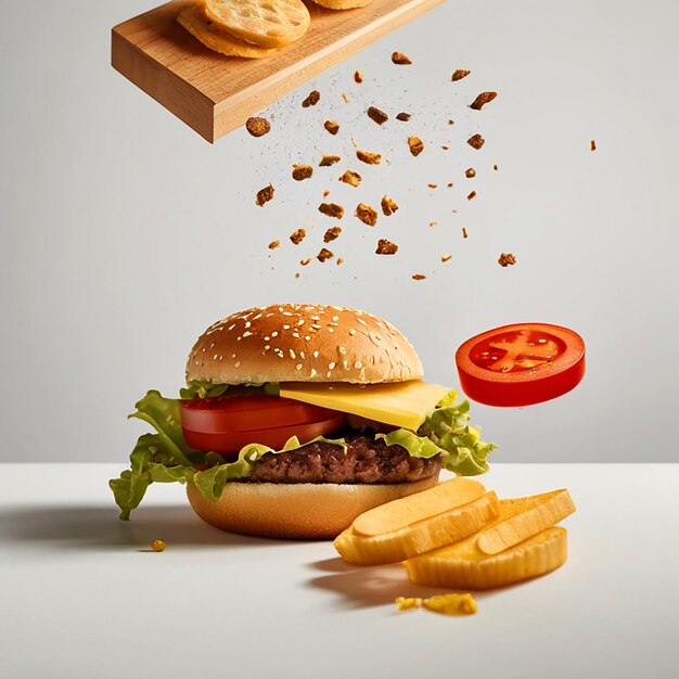 Photo minimalist photo of cheeseburger ingredients floating against a flat white background