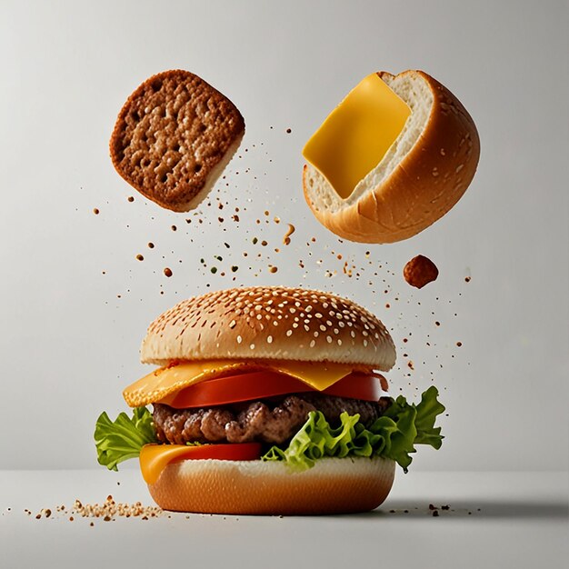 Minimalist Photo of Cheeseburger Ingredients Floating Against a Flat White Background