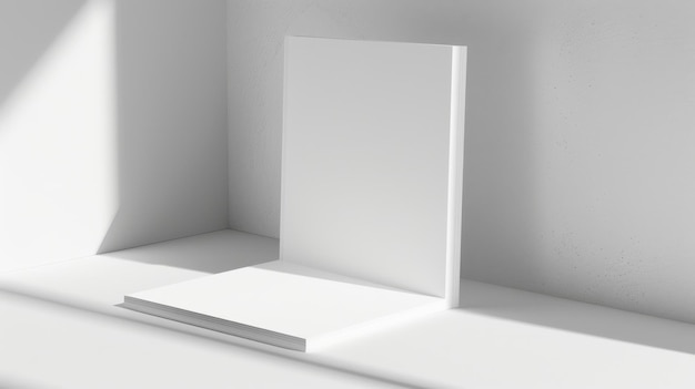 Photo a minimalist photograph of a blank white book leaning against a backdrop surrounded by gentle shadows creating a calm and serene setting