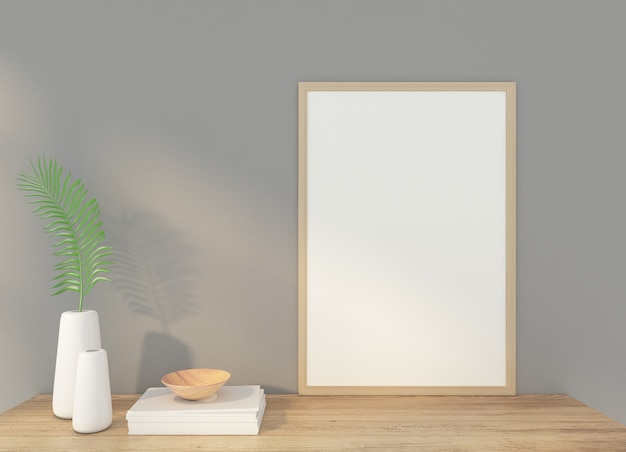 Minimalist picture frame with gray wall. 3D rendering