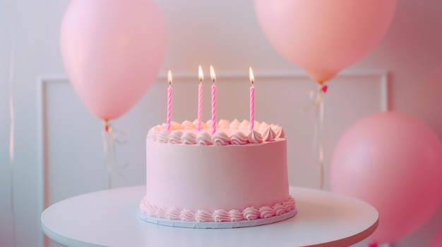 Minimalist pink celebration cake with candles on white table Pastel tones Closeup