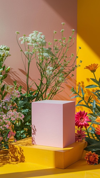 Minimalist pink podium with wildflowers for cosmetic product display