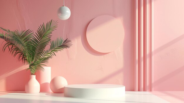 Minimalist pink and white product display with a palm leaf