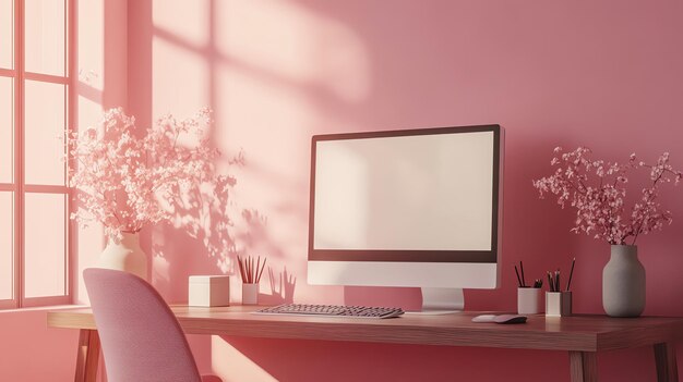 Photo minimalist pink workspace with computer mockup