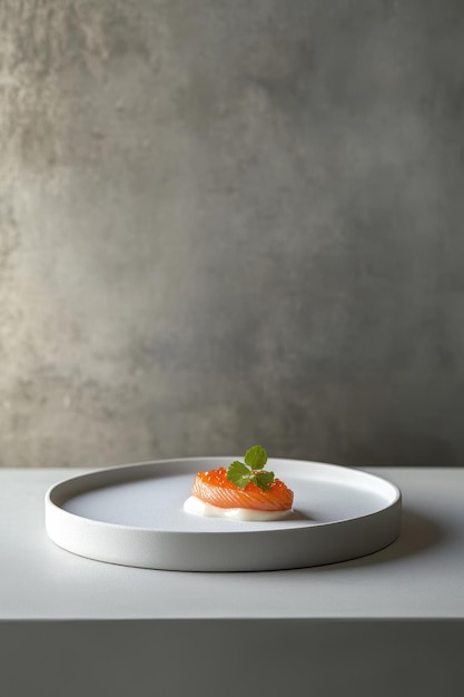 Photo a minimalist plate featuring a small portion of salmon garnished with herbs