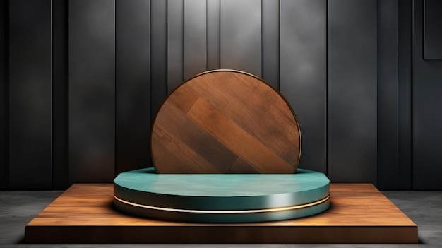 Minimalist Podium Design with Wooden and Teal Elements