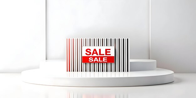 Minimalist Podium with Barcode and Sale Sign on White Background for Retail Business Advertising