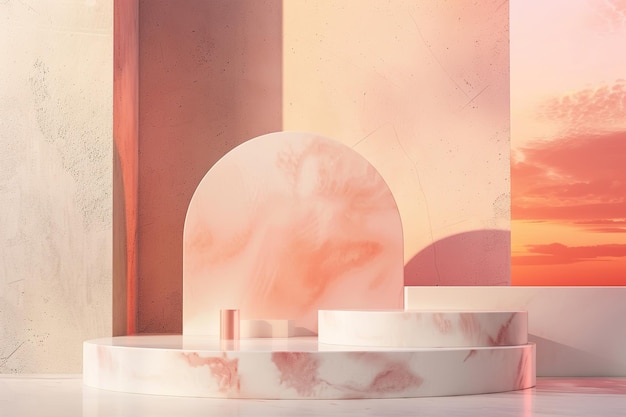 Minimalist podium with a pastel sunset background for showcasing products