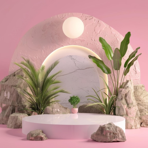 Minimalist podium with plants and rocks in pink aesthetic