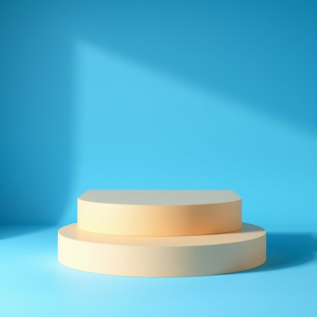 A minimalist podium with two steps and a blue background