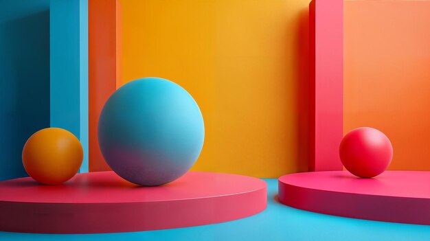 Photo minimalist podiums with colorful spheres for product presentation