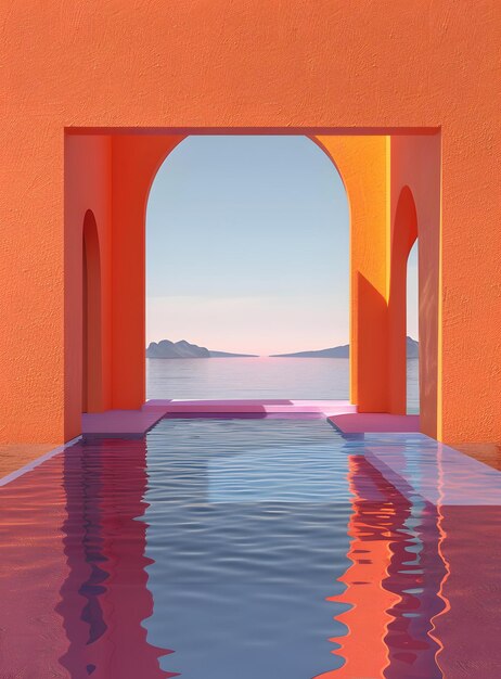 Photo minimalist pool with archway and sea view