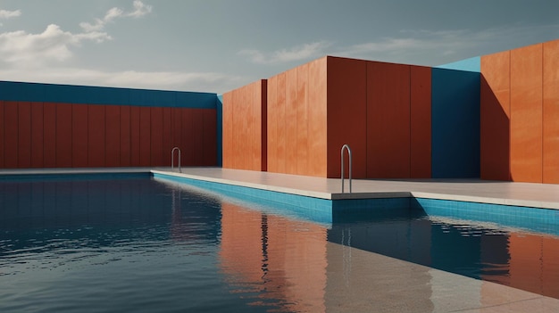 Photo minimalist poolside with blue orange and white walls and a blue pool