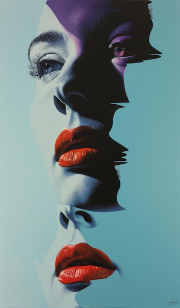 Minimalist portrait of an attractive woman with red lips and a surreal visual effect