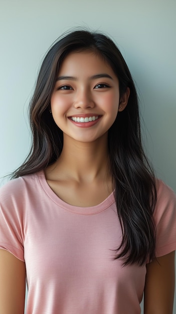 Photo minimalist portrait of a beautiful young filipino girl with long dark hair smiling