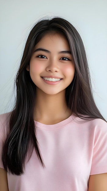 Photo minimalist portrait of a beautiful young filipino girl with long dark hair smiling