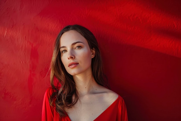 Minimalist portrait of a woman against a vibrant red backdrop