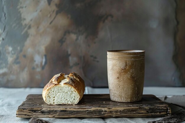 Photo a minimalist portrayal of a simple wooden cup and bread on a rustic table