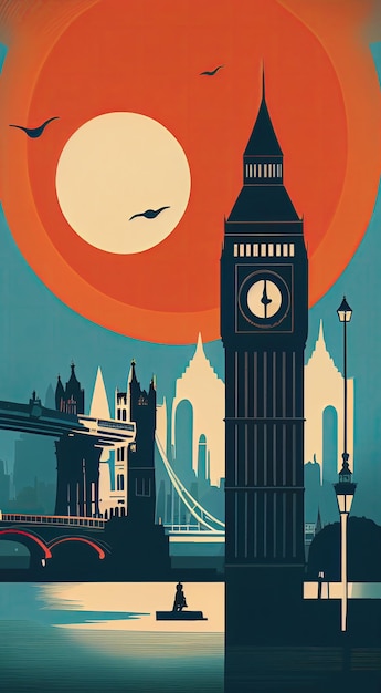 Minimalist poster vector graphic art of Tower Bridge London Big Ben