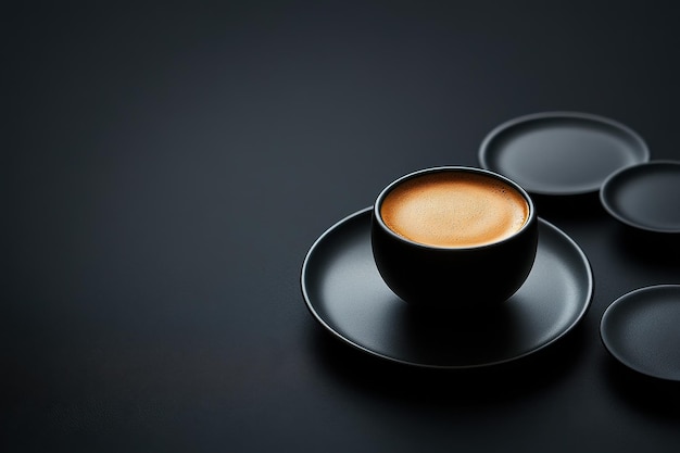 Photo a minimalist presentation of a coffee cup with saucers on a dark surface