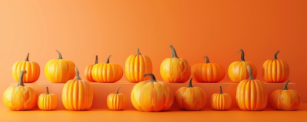 Minimalist presentation of pumpkins on orange background with varying sizes in a row