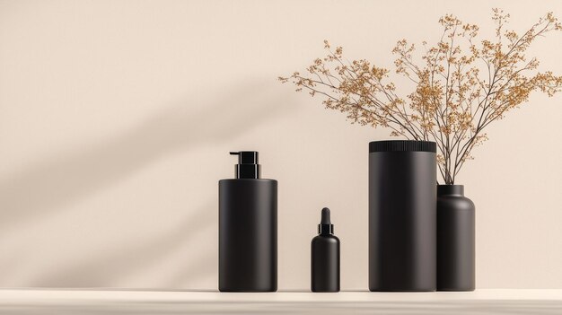 Photo minimalist product display with black bottles and dried flowers against a beige background