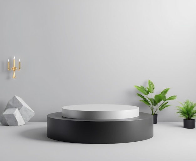 Photo minimalist product display with black and white podium plants and a gold candle holder