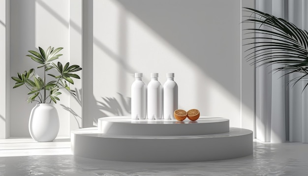 Photo minimalist product display with white bottles and orange