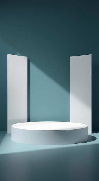 Photo minimalist product display with white round podium and panels on blue background