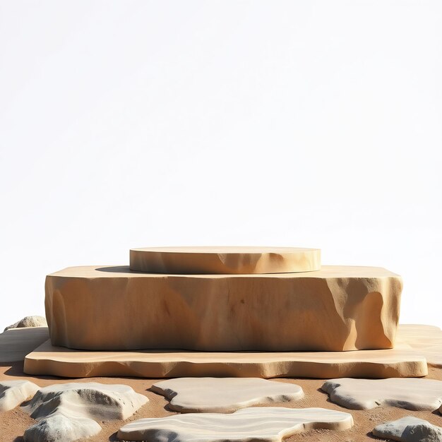 Photo minimalist product display with a wooden podium on a sandy surface with rocks