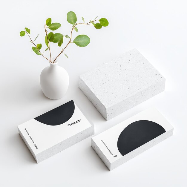 Minimalist product mockup featuring three white boxes with a speckled texture two featuring black