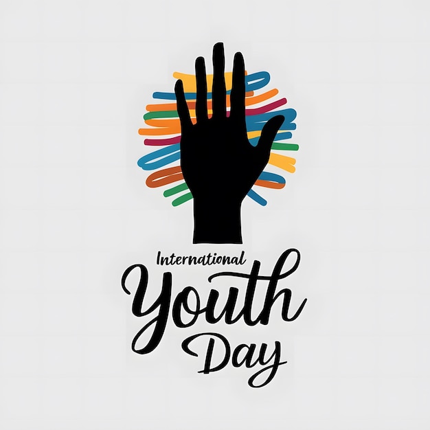 Minimalist raised hand with abstract colorful lines for diversity International Youth Day below