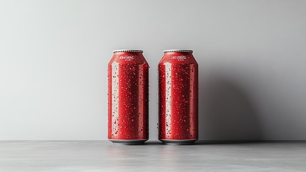 Photo minimalist red beverage cans with water droplets generative ai