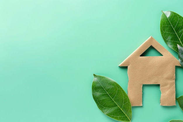 Photo a minimalist representation of a sustainable house crafted from natural materials rests beside fresh green leaves symbolizing harmony with nature