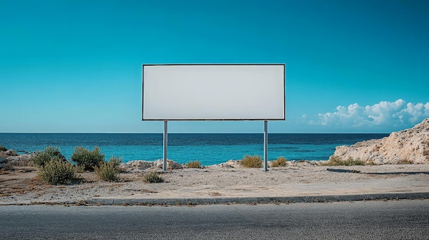 Minimalist Road Sign Against Blue Ocean Under Clear Sky