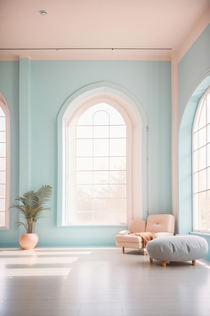 Minimalist room interior with simple furniture with pastel tone colors