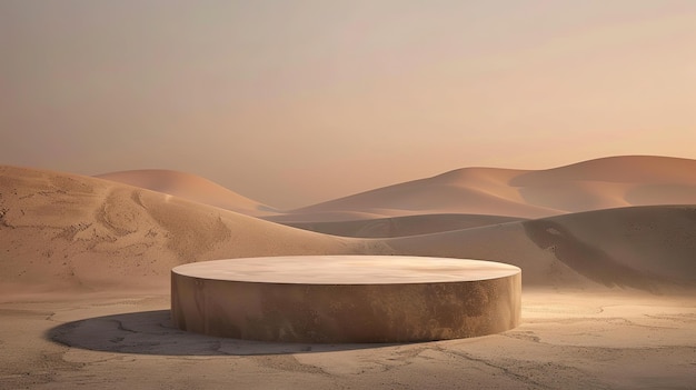 Minimalist Round Podium with Desert Dunes Backdrop at Sunset Perfect for Showcasing HighEnd Produc