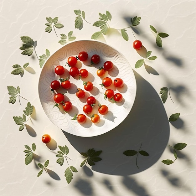 Minimalist Round White Ceramic Bowl with Red Cherry Tomatoes on Cream Tablecloth Generative AI