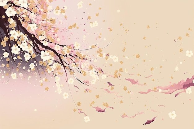 Minimalist sakura cherry blossom pink and gold greeting card template illustration