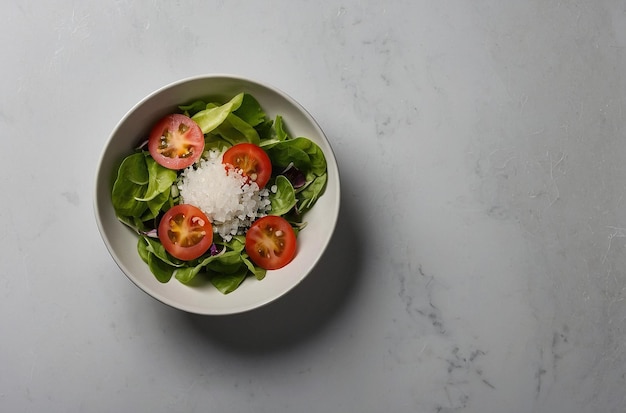 Minimalist salad in a round shape and salt