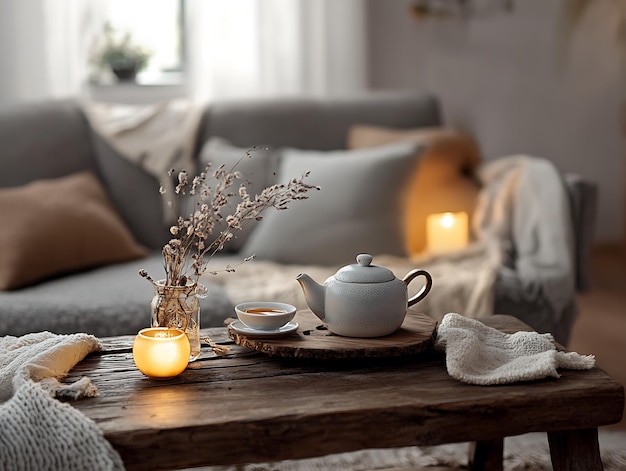 Photo minimalist scandinavian living room interior with large windows natural light wicker baskets and cozy white furniture creating a peaceful and airy space