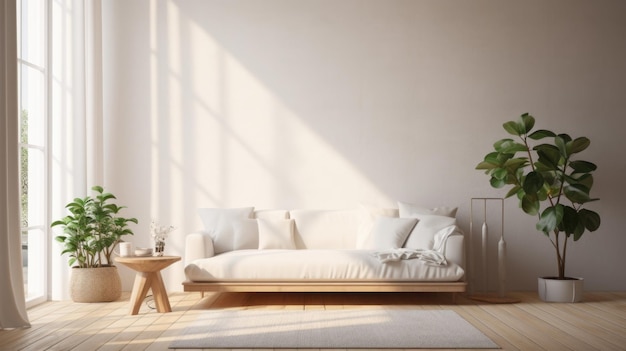 In a minimalist Scandinavian living room a ray of gentle morning light filters through white