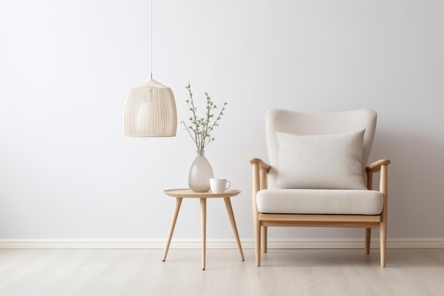 Minimalist scandinavian white living room interior with chair and black poster frame home staging concept