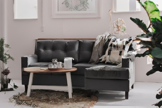 minimalist Scandinavianinspired living room with a plush gray sofa a wooden coffee table